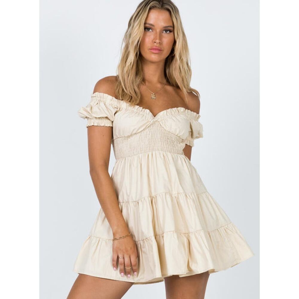 Princess Polly Daniela Mini Dress Sz XS Beige Milkmaid Prairie Babydoll